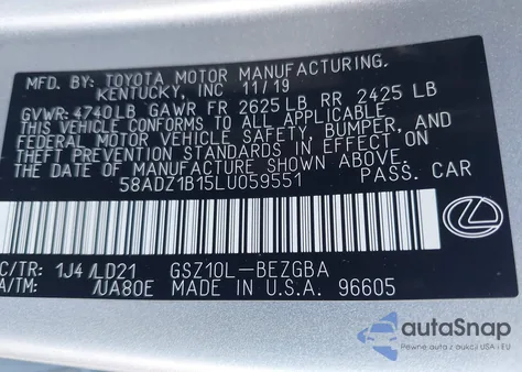 2020 Lexus Es 350 из США, поврежденный, VIN 58ADZ1B15LU059551